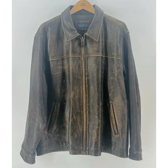 VTG 80's Daniel Cremieux Mens Sz XL Aged Leather Bomber Brown Burnished Jacket - Picture 1 of 16